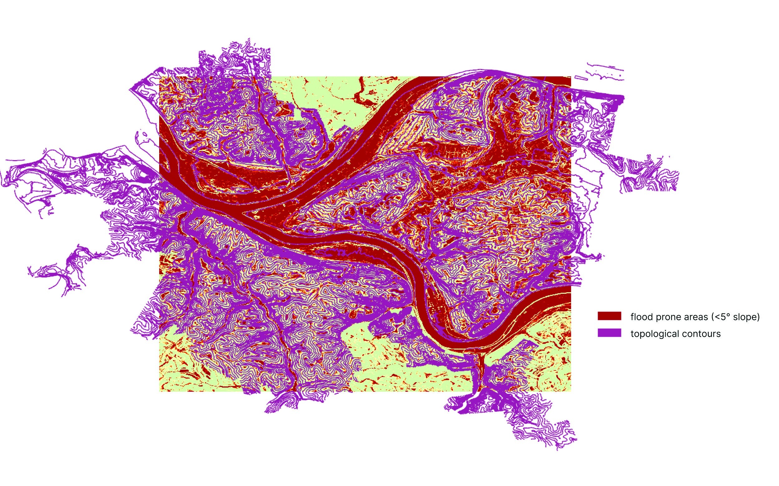 Flood-prone areas (<5° slope) and topographic contours