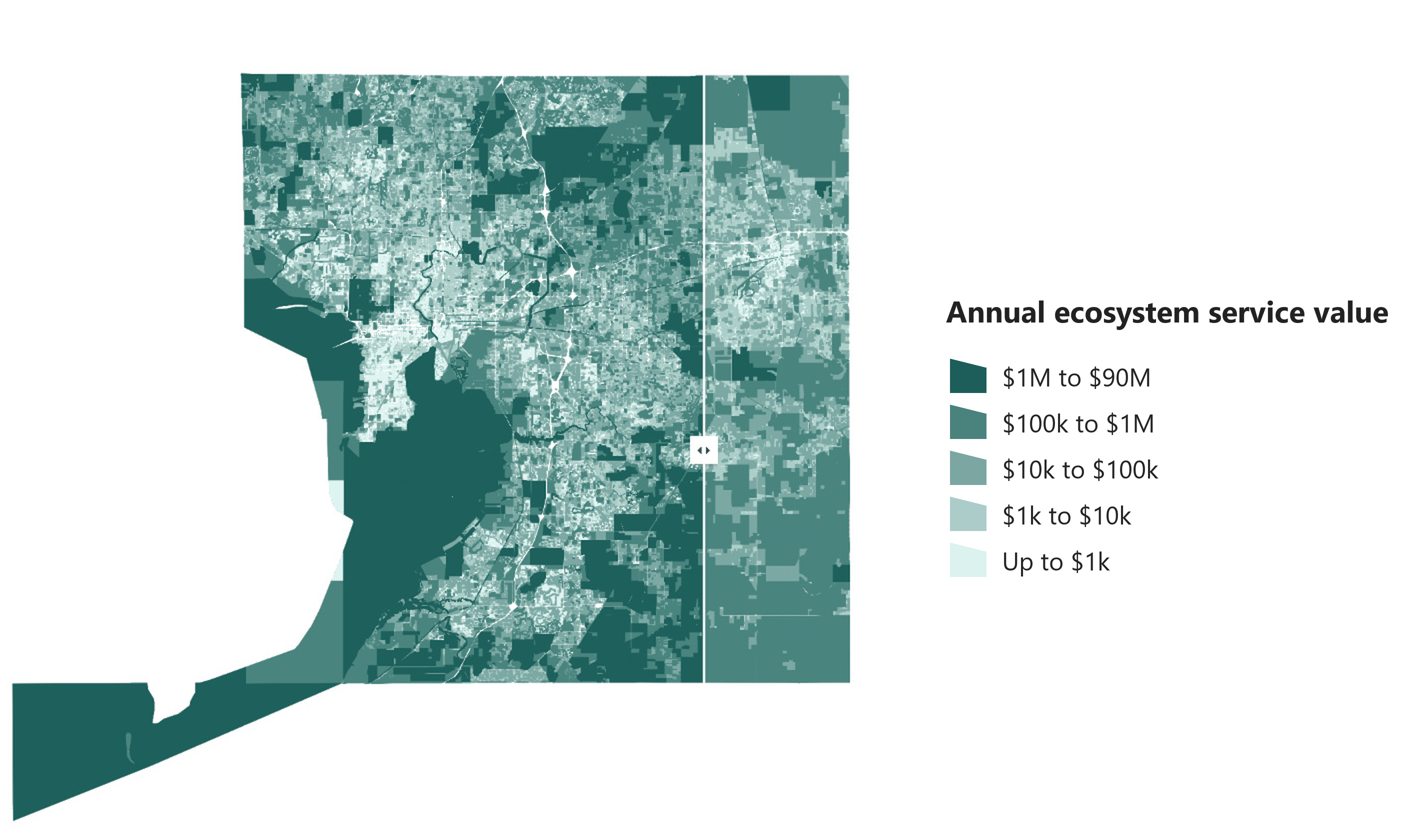 Countywide ecosystem service value, current (left) and fully developed (right)
