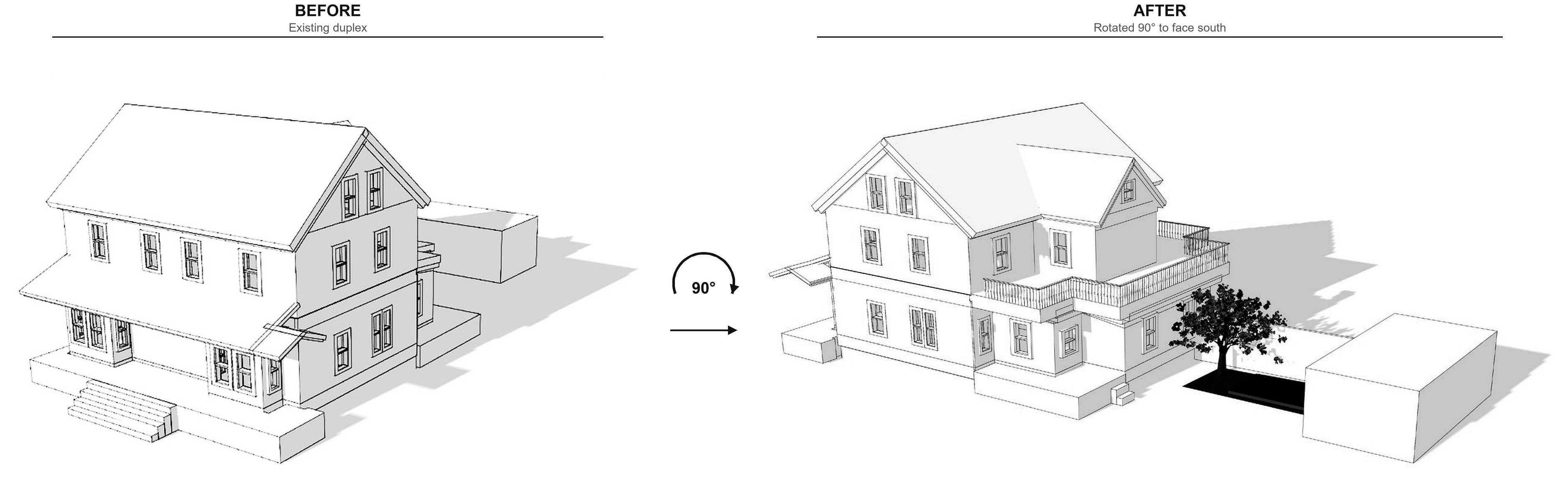 Before and after: the existing duplex (left) and the theoretical redesign, rotated 90° to face south (right)